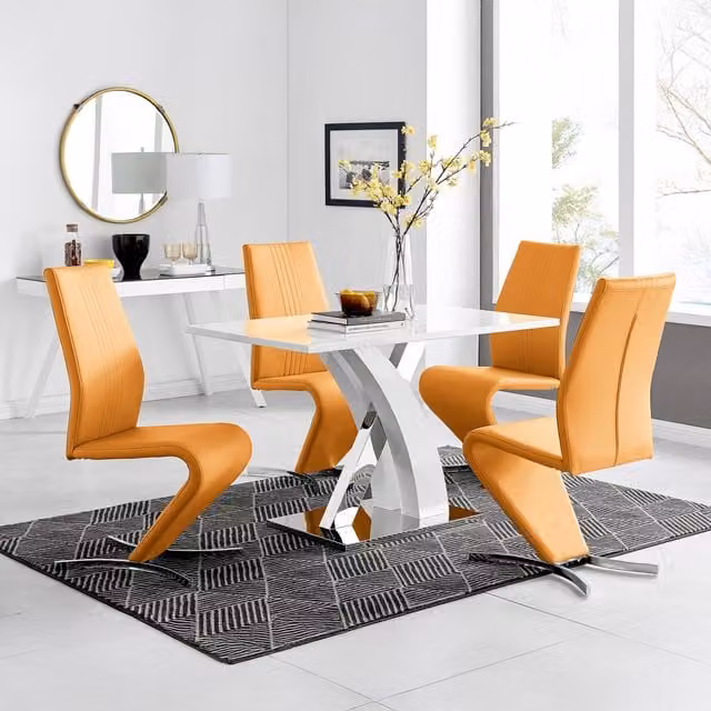 FurnitureboxUK Atlanta White High Gloss Rectangular Dining Table and 4 Willow Dining Chairs Set in Yellow