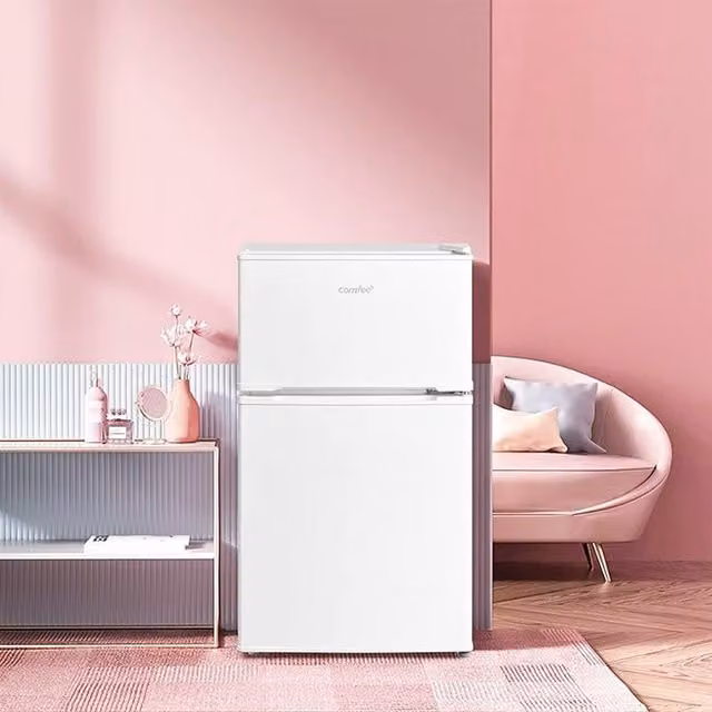 Livingandhome 87L Under Counter Fridge Freezer in White with Reversible Door, LED Interior Light and Bottle Rack