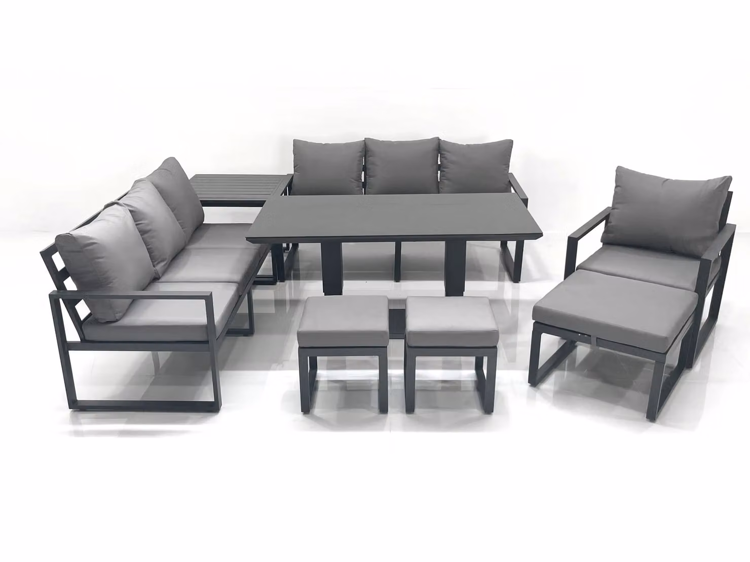 Fimous Outdoor Garden Furniture Set in Dark Grey Aluminium with Adjustable Lifting Dining Table, Lounge Sofa, 3 Footstools and Side Table – 2