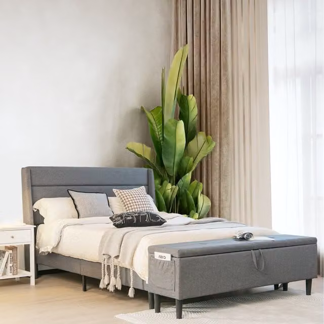 Costway Modern Upholstered Bed Frame with Lift Up Base in Grey