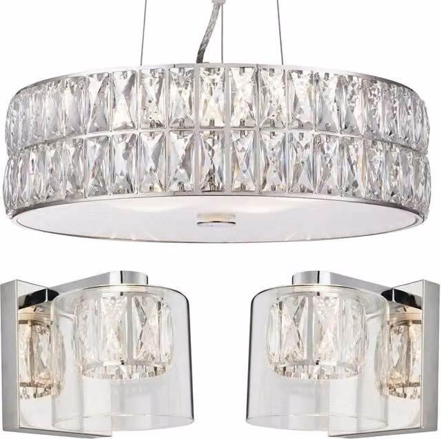 Loops 5 Bulb Ceiling Pendant and 2 Matching Wall Mount Lights in Chrome and Clear Crystal Glass – 1
