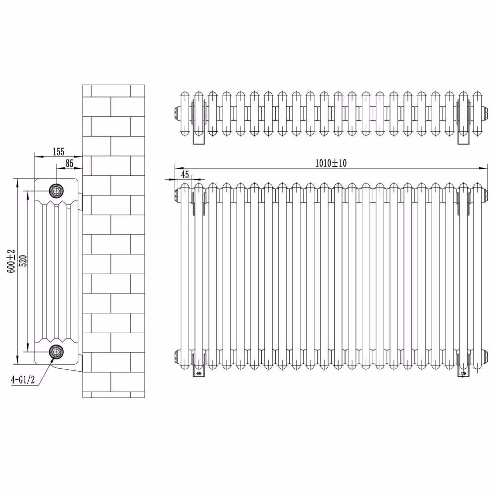 Monstershop Traditional 4 Column Steel Radiator and Valves, Anthracite Grey, W: 60 cm, H: 101 cm – 5