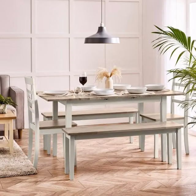 FurnitureboxUK Salcombe Extending Rectangular Dining Table in Light Grey with 2 Chairs and 2 Large Benches