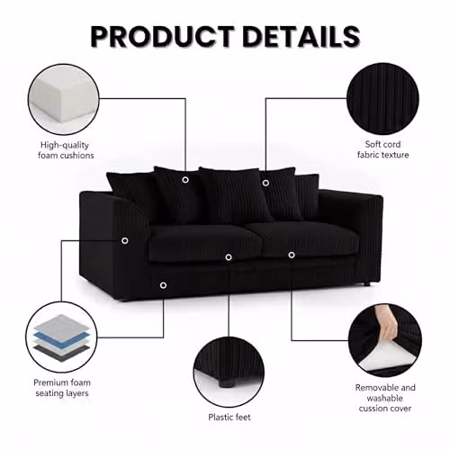 SofaSelection Jumbo Cord 3 and 2 Seater Sofa Set in Black with Scatter Cushions and Solid Wood Frame – 2