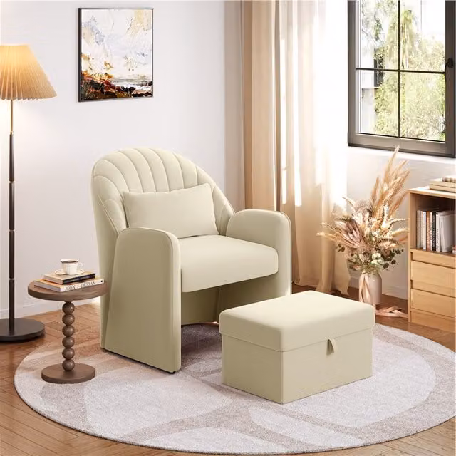 Yaheetech Velvet Tub Armchair with Storage Footrest in Beige