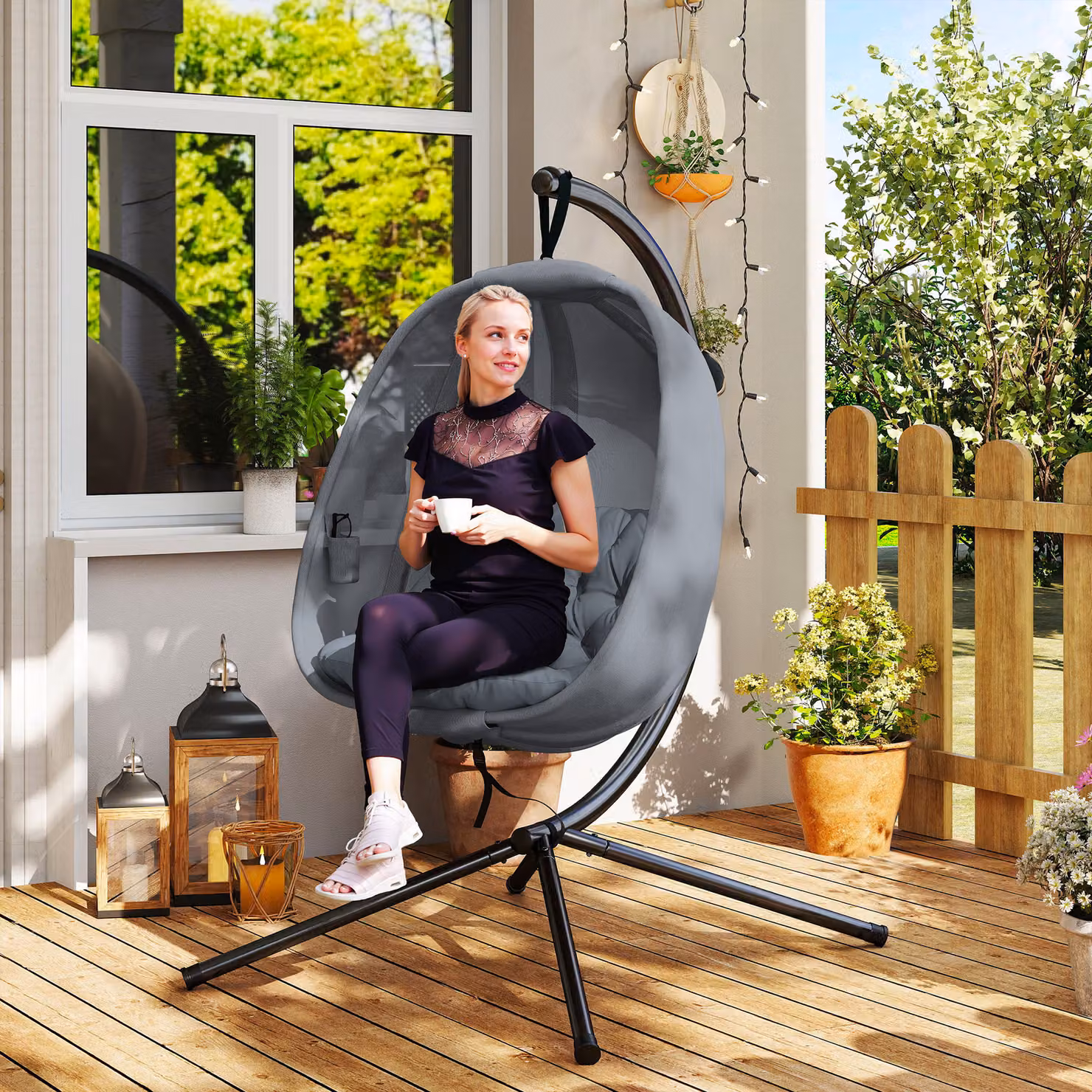 Outsunny Grey Folding Hanging Egg Chair with Stand and Cushions – 2