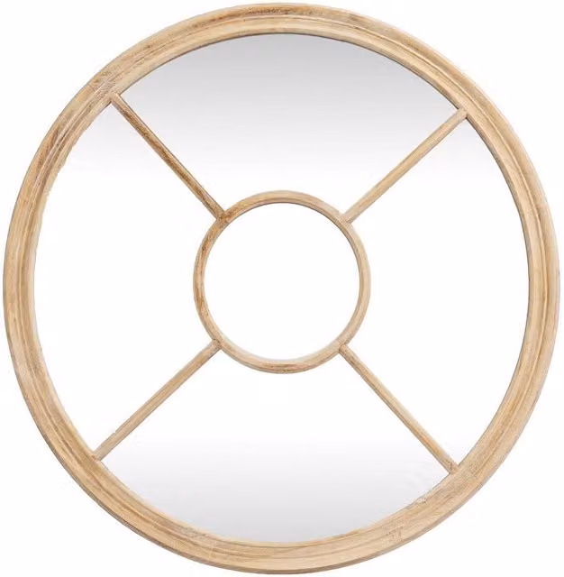Lemon Pavilion Round Washed Wood Window Mirror in Brown, W: 100 cm x H: 100 cm