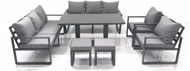 Fimous Garden Sofa Set with Height Adjustable Dining Table, 2 Chairs and 2 Footstools in Dark Grey Powder Coated Aluminium