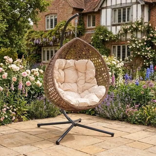 Rosewood & Stone Home Lanhydrock Single Egg Chair in Beige and Brown with Metal Frame and Rattan Detail