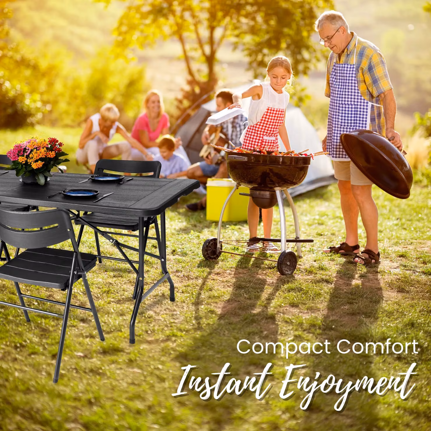 Novecrafto 6ft Folding Table and 6 Folding Chairs Set in Black with Wood Grain Pattern and Steel Frames – 5