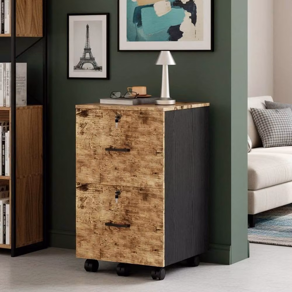 KORVIXA Lockable 2-Drawer Office File Cabinet in Brown Oak Finish with Castors, W/D/H: 100 x 100 x 100 cm – 3