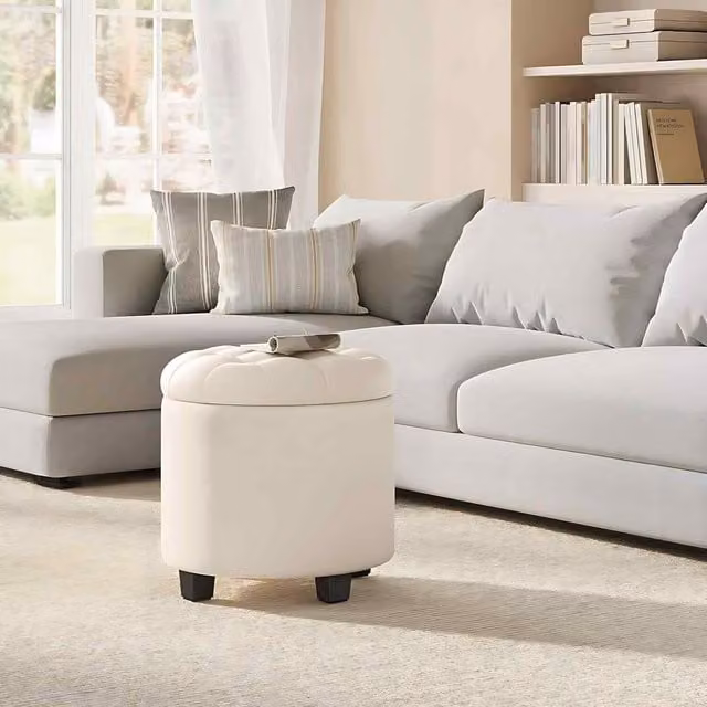 The Bazaarist Round Cylindrical Ottoman Storage Stool in Light Beige with Lift Up Base
