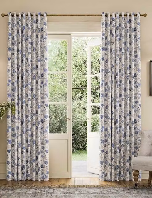 Joules Indienne Blue Mix Floral Pure Cotton Eyelet Blackout Curtains H: 229 cm x W: 168 cm