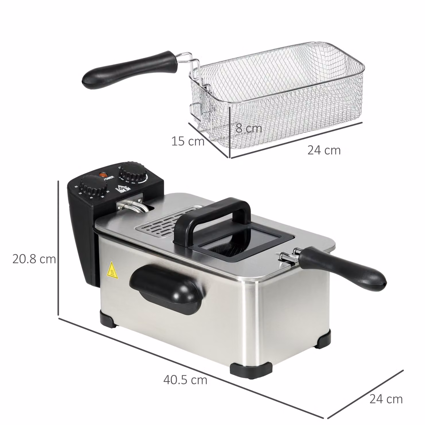 HOMCOM 3 Litre Stainless Steel Deep Fat Fryer in Silver with 2000W Power, Adjustable Temperature, 60min Timer and Overheat Protection – 3