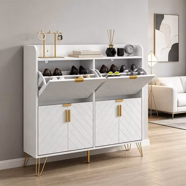 ERGOVEXA Modern Slim White Shoe Cabinet with 4 Tilting Compartments and Ventilation – 1