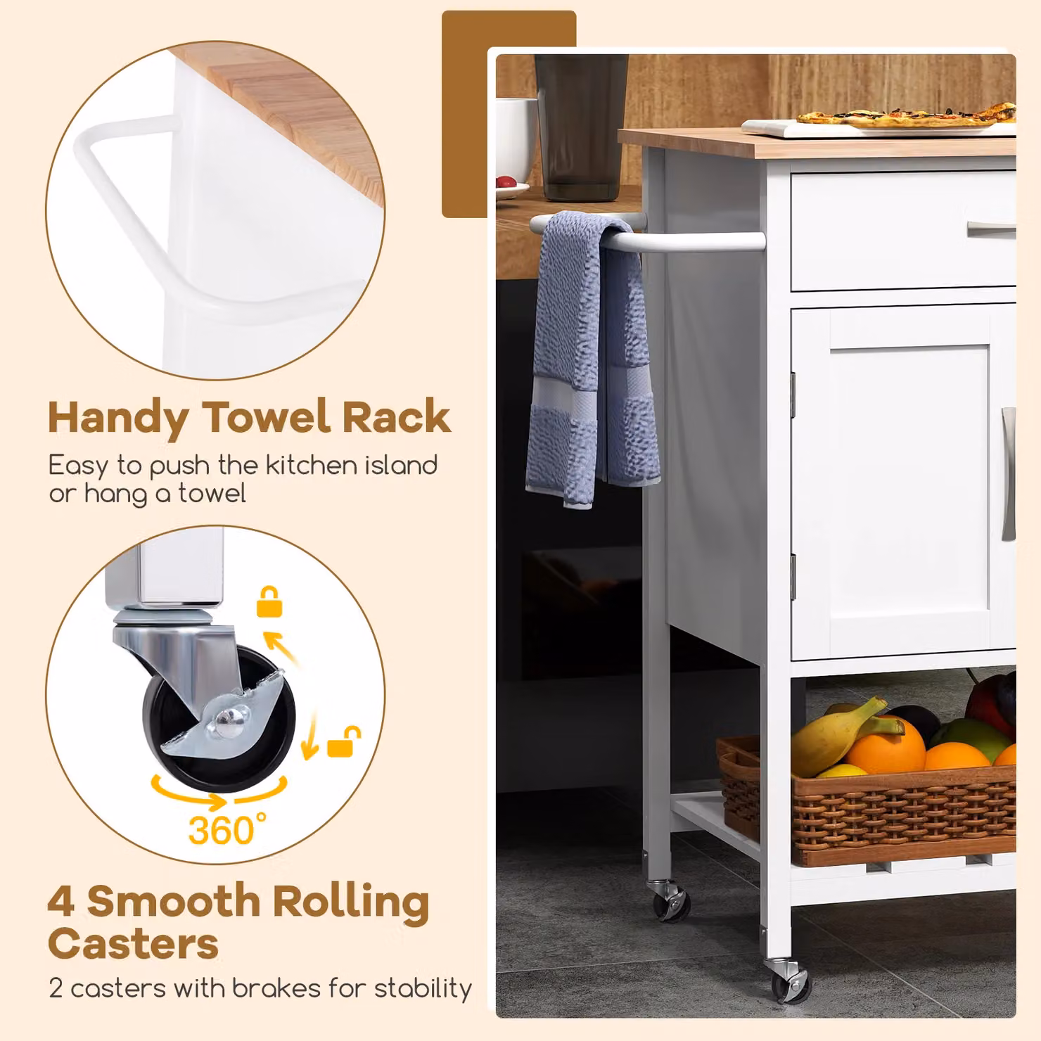 Costway Rolling Kitchen Island Mobile Serving Cart with Drawer and 2 Door Storage Cabinet in White – 5