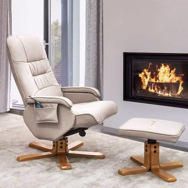 Wyld and Coco Beige Faux Leather Recliner Armchair with Heated Massage Footrest and Ottoman – 1
