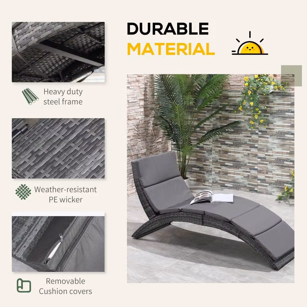 Outsunny Grey Polyrattan Garden Sun Lounger with Weatherproof Cushion – 4