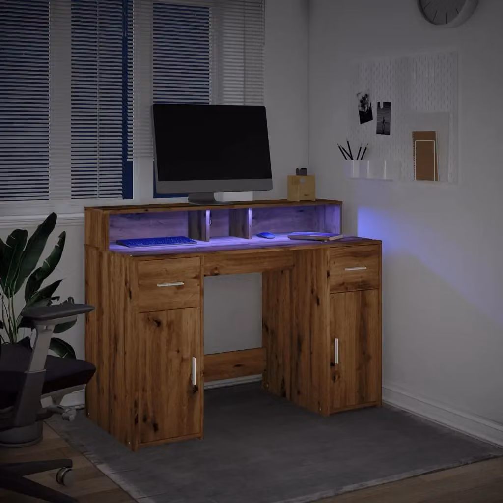 Berkfield Modern Gaming Desk with LED Lights in Artisan Oak Brown, W/D/H: 120 x 55 x 91 cm – 5