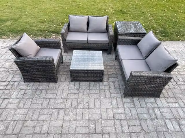 Fimous Modern Rattan Garden Furniture Set with Sofa, Coffee Table, Chair and Side Table in Dark Grey Mixed
