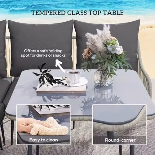 Outsunny 6 Piece Rattan Garden Furniture Set with L-Shape Corner Sofa, Ottoman, Coffee Table and Cushions in Grey – 5