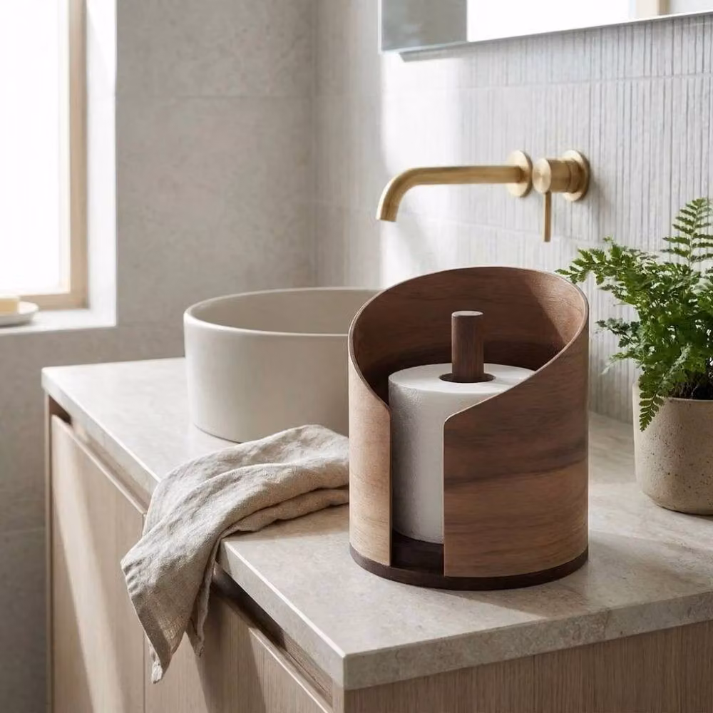 SPETLEK Brown Solid Wood Round Freestanding Paper Towel Holder and Tissue Storage Box – 4