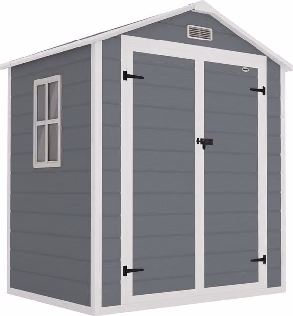 Outsunny Grey Outdoor Storage Shed with Lockable Double Doors and Plastic Roof, W/D/H: 182.88 x 137.16 x 210.0 cm – 1