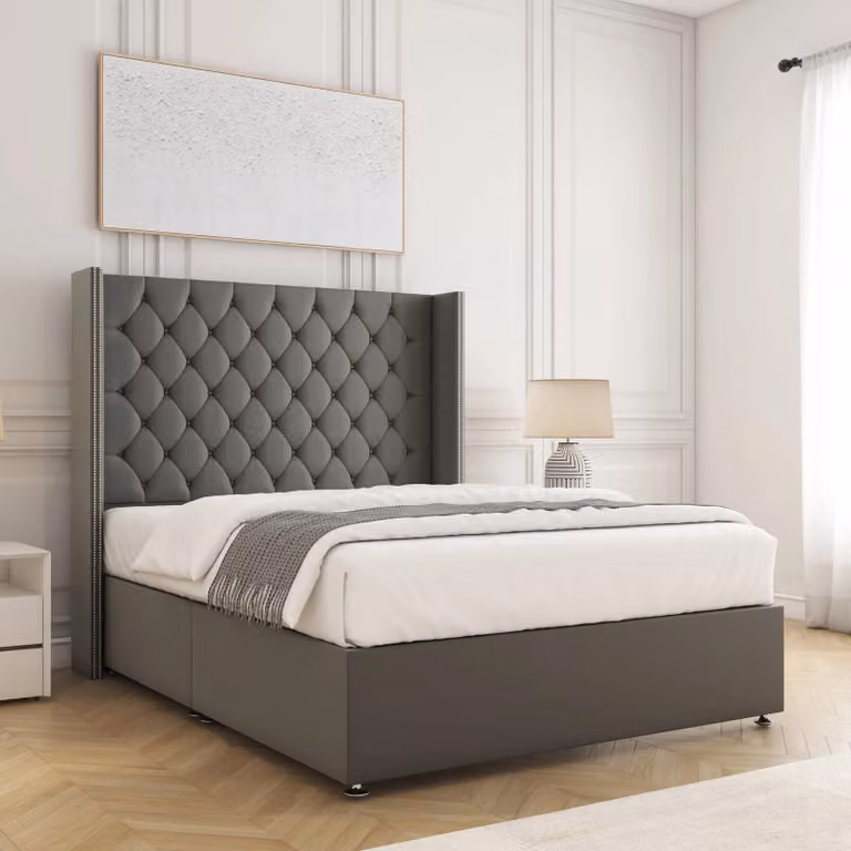 BSSPOKE Olivia Single Divan Bed with 54 inch Headboard in Grey Plush Velvet