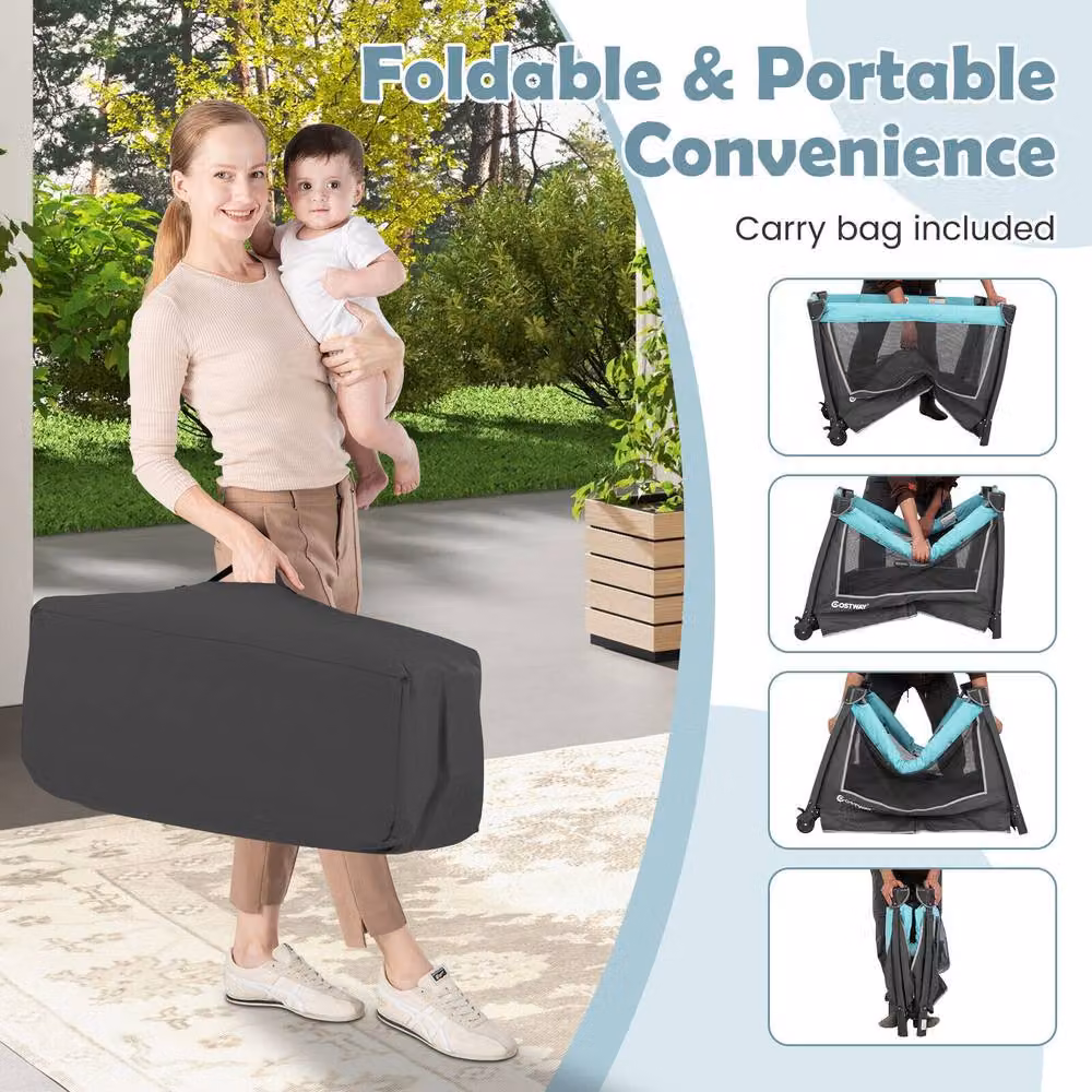 CASART 5-in-1 Foldable Travel Cot Baby Playard with Bassinet and Changing Table in Multicolour – 5