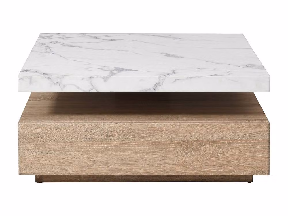Vente-unique Swivel Coffee Table with 1 Drawer in White and Natural Marble Light Oak MDF, W: 80 cm, D: 80 cm, H: 41 cm – 2