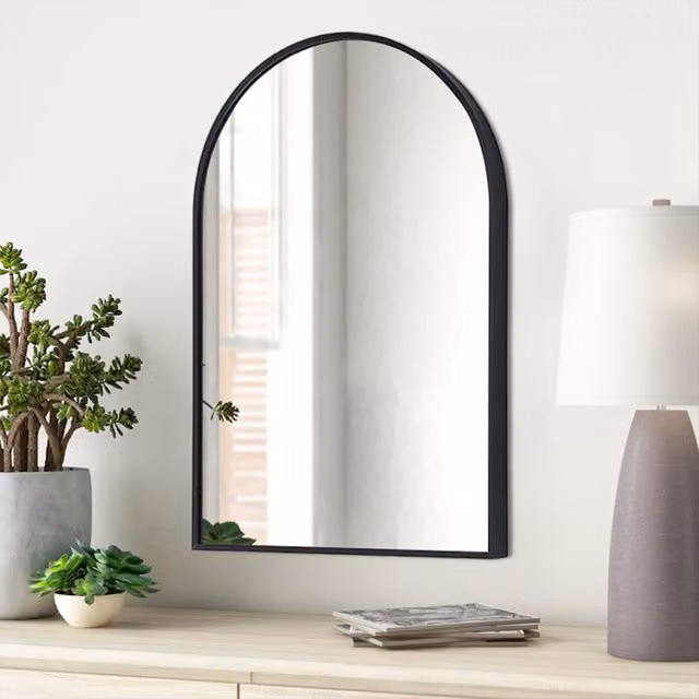 Livingandhome Arched Wall Mirror with Black Aluminum Alloy Metal Frame in White
