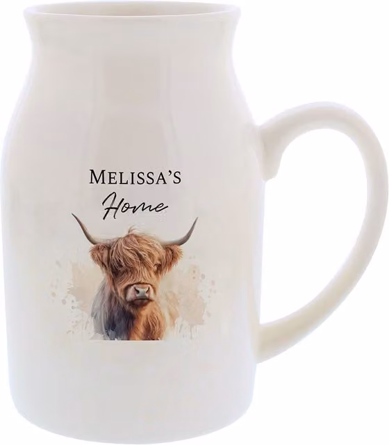 Personalised Memento Company Women's Personalised Highland Cow Floral Ceramic Jug Vase in White