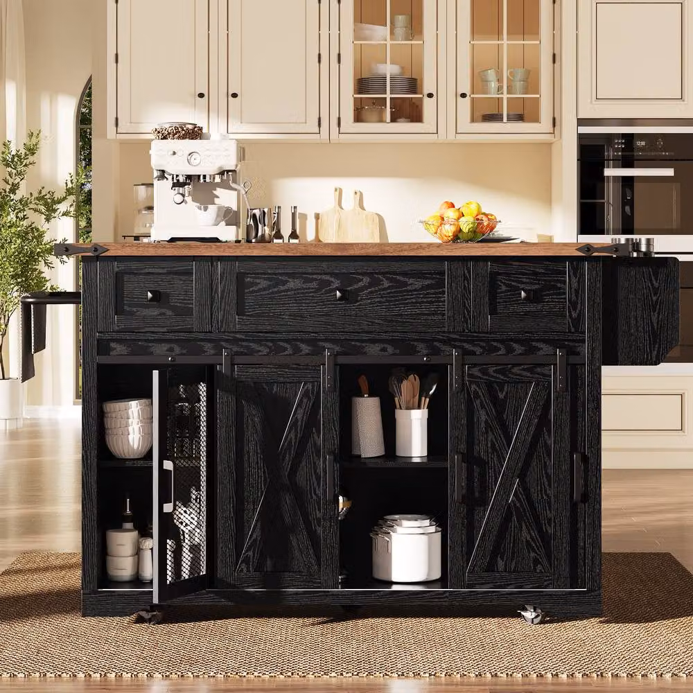 BTM Kitchen Island Trolley with Extendable Worktop and Power Outlet in Black, W/D/H: 91.5 x 45 x 45 cm – 3