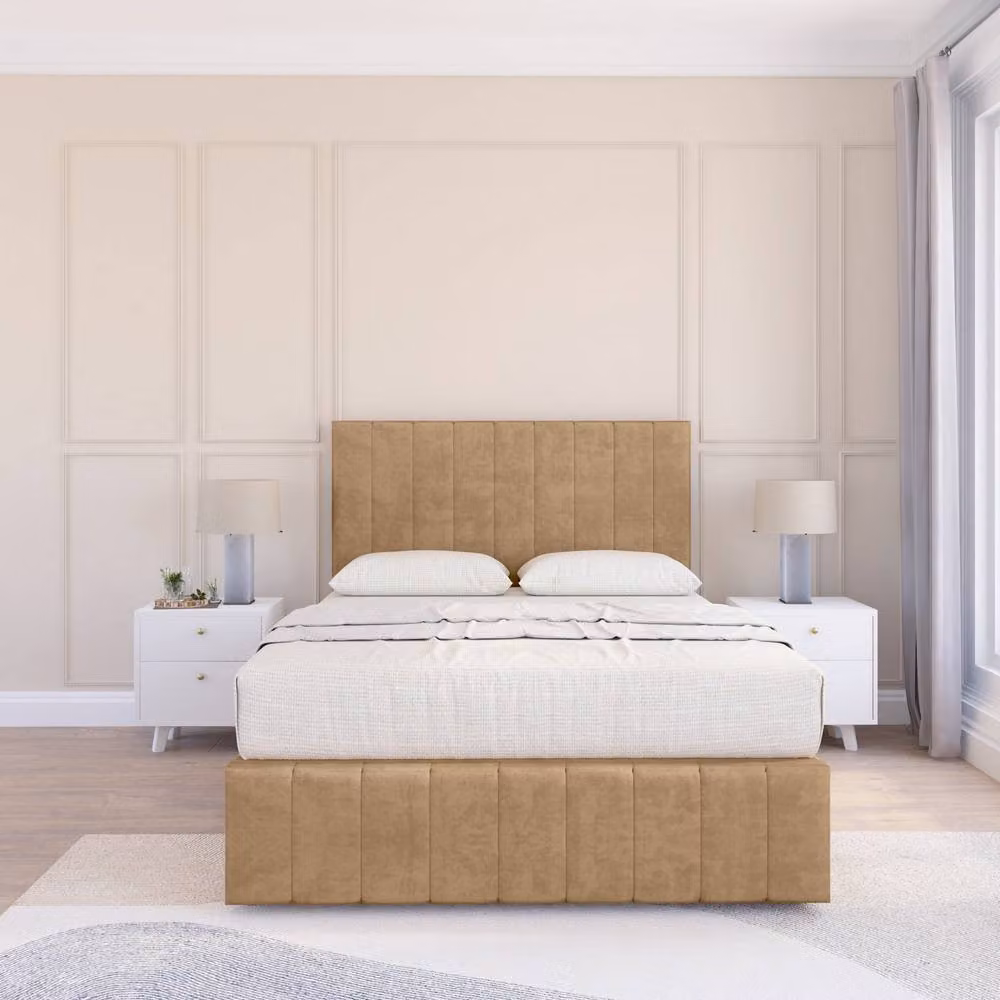 Sloomy California Divan Bed Base in Brown Velvet with Chesterfield Headboard, Size: Double (W/D/H: 140 x 200 cm)