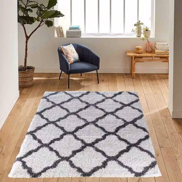 Desire Rugs Moroccan Berber Shaggy Rug with Bold Trellis Design in Beige and White, W/D: 120 x 170 cm