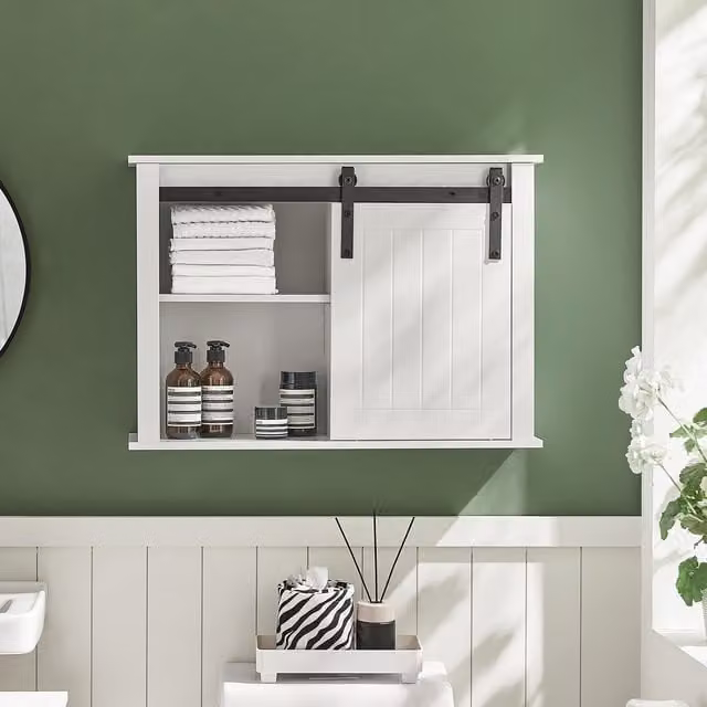 SoBuy Modern White Wall Mounted Storage Cabinet with Glass Sliding Doors and Internal Shelves