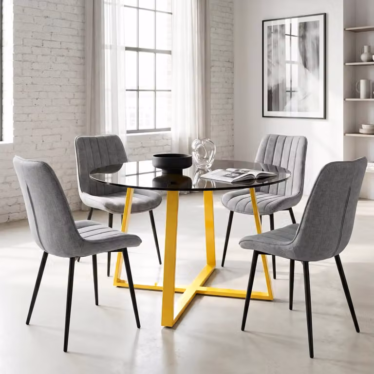DHS Round Tinted Glass Dining Table Set with 4 Chairs in Grey, Beige or Blue, Diameter: 110 cm