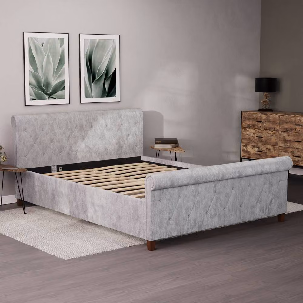 Vida Designs Vittorio King Size Upholstered Bed Frame in Silver Grey Velvet – 3