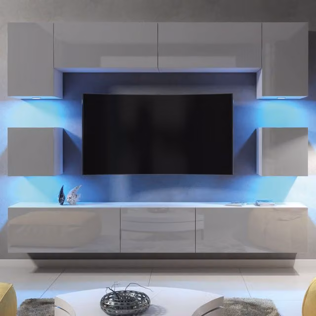 Mex Furniture LTD Modern Grey Glossy TV Wall Unit with Integrated LED Lighting and Hinged Doors, W: 242 cm, H: 35 cm, D: 207 cm