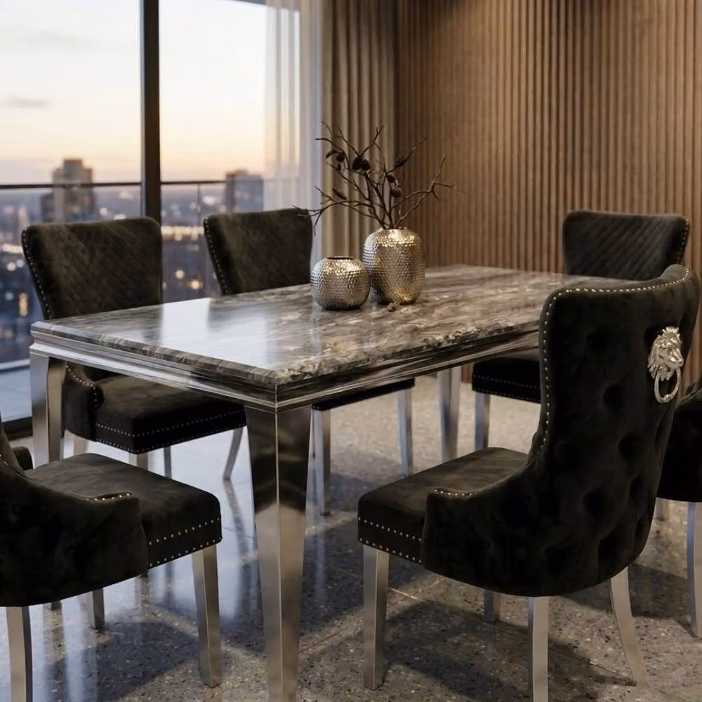 Home Luxe Interior Sofia Grey Marble Dining Table and 6 Victoria Black and Silver Chairs – 3