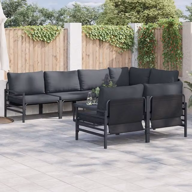 Berkfield Home 7 Piece L-Shape Garden Sofa Set in Anthracite with Powder Coated Steel Frame and UV-Resistant Fabric Cushions