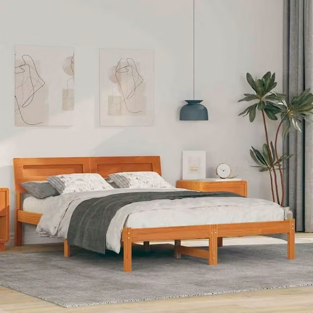 Berkfield Home Modern Solid Pine Wood Bed Frame with Headboard, Wax Brown, W: 135 cm, L: 190 cm – 1
