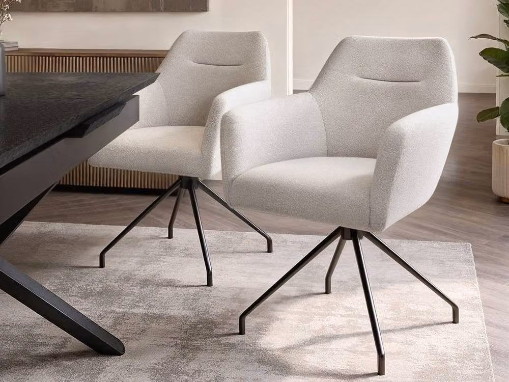 Solace+Co Isla Set of 2 Cream Bouclé Swivel Dining Chairs with Armrests – 2