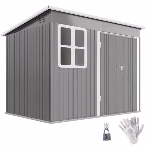 Outsunny Galvanised Steel Pent Garden Storage Shed in Light Grey with Window, Lockable Double Doors, Air Vents and Foundation Kit, W/D/H: 260 x 190 x 177 cm