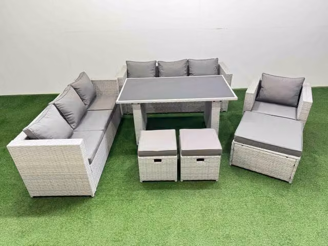 Fimous Patio Garden Furniture Set with 3 Stools in Light Grey Rattan and Metal with Glass Top