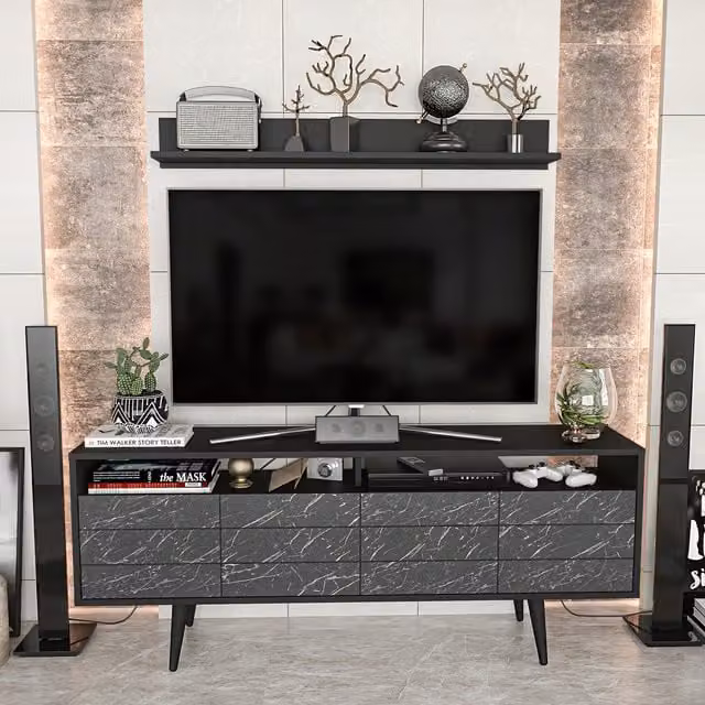 Decorotika Ola Modern TV Unit in Black and Black Marble Effect Wood