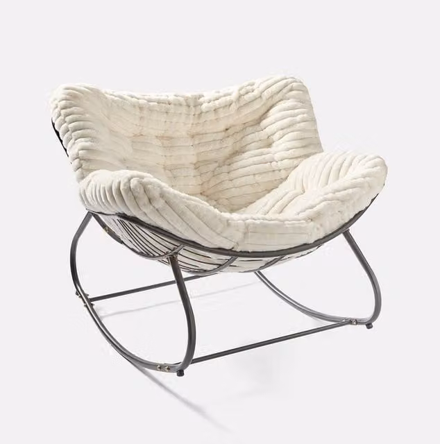 PAWNORA Faux Fur Upholstered Rocking Chair with Metal Frame in Beige and White – 1