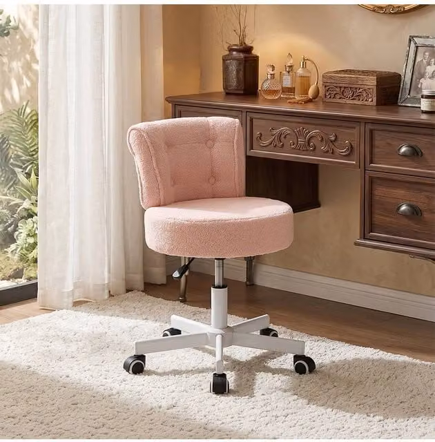 Living and Home Pink Bouclé Fabric Height-Adjustable Swivel Vanity Chair with Castors – 1