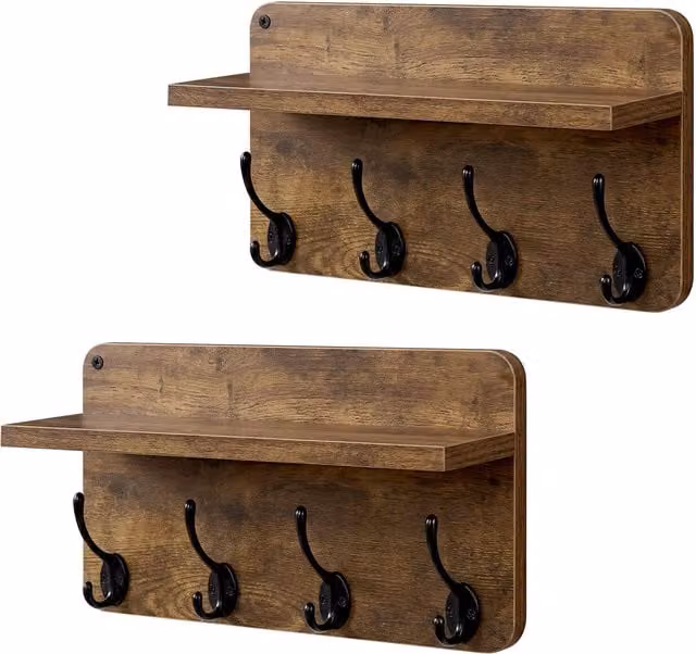 Levede Set of 2 Brown Rustic Wooden Wall Mounted Coat Racks with 8 Hooks