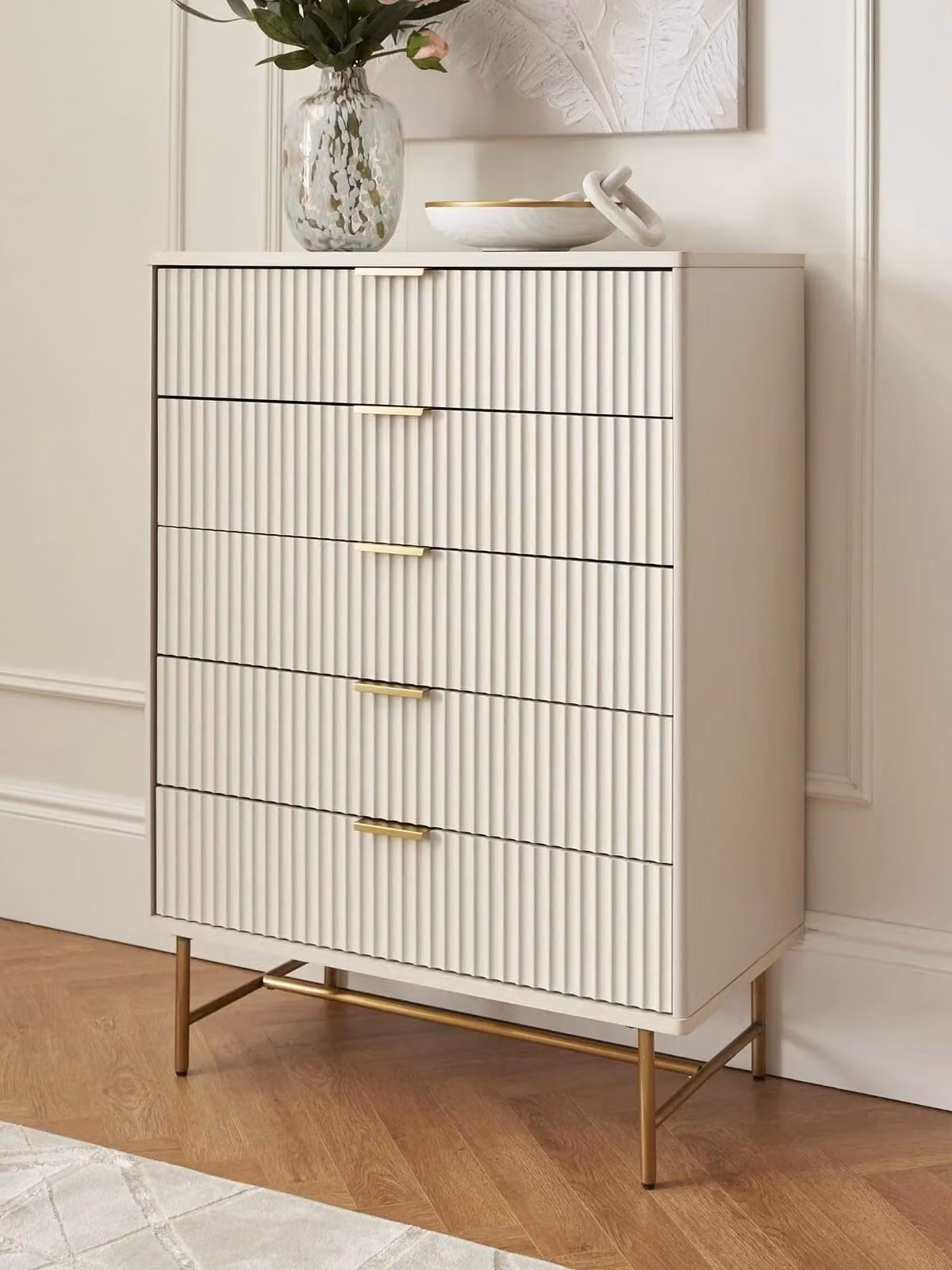 Cora 5 Drawer Chest in Ivory and Brass Modern Bedroom Storage Solution